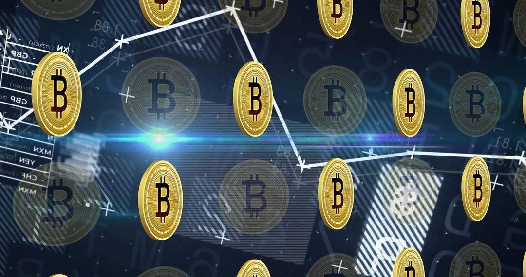 Spinning Bitcoin Symbols with Financial Graphs and Data