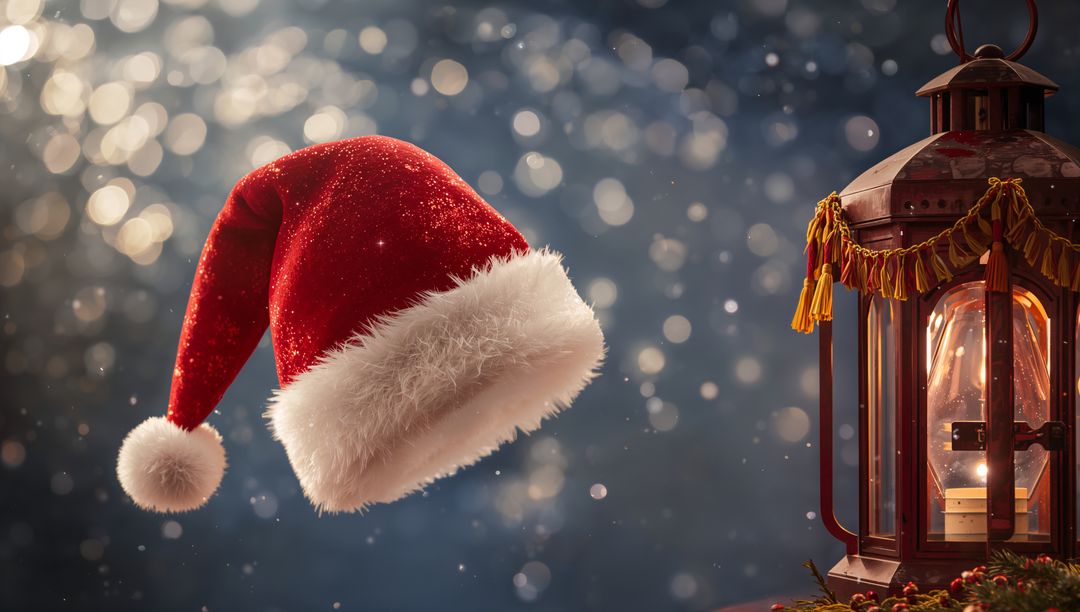 Floating Santa Hat with Lantern and Bokeh Lights Candlelit Holiday Still Life