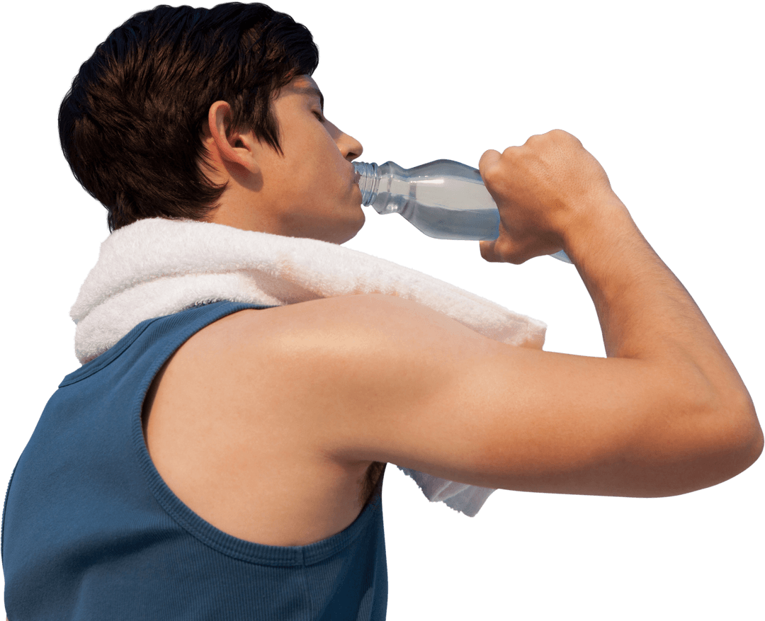 Young Man Drinking Water with Towel Over Shoulder Transparent