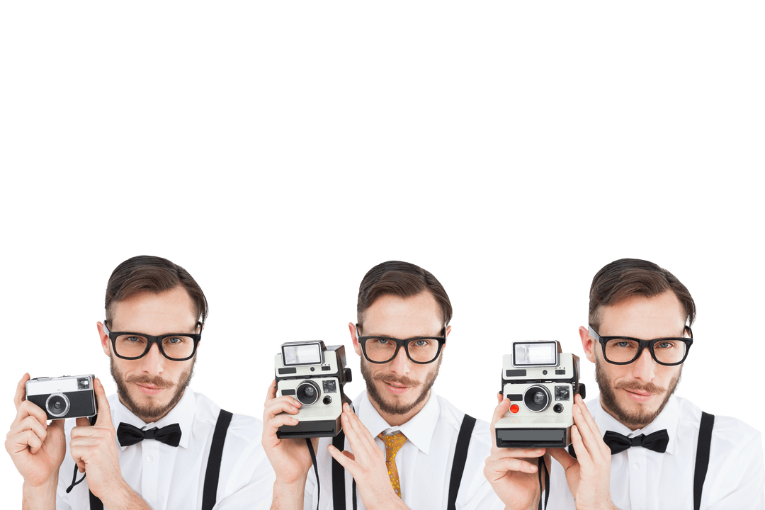 Transparent Portrait Man Expressing Diversity with Vintage Cameras