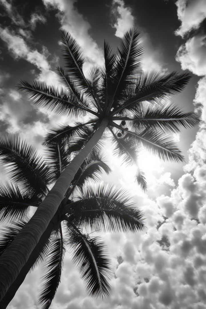 Black and White Palm Tree Silhouetted Against Cloudy Sky - Free Images, Stock Photos and Pictures on Pikwizard.com