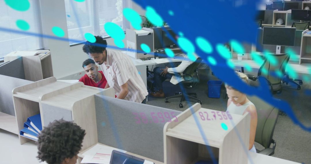 Teamwork and Technology in a Modern Office with Global Digital Display