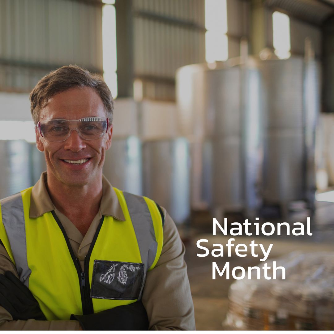 Smiling Male Worker Promoting National Safety Month in Industrial Setting - Download Free Stock Templates Pikwizard.com