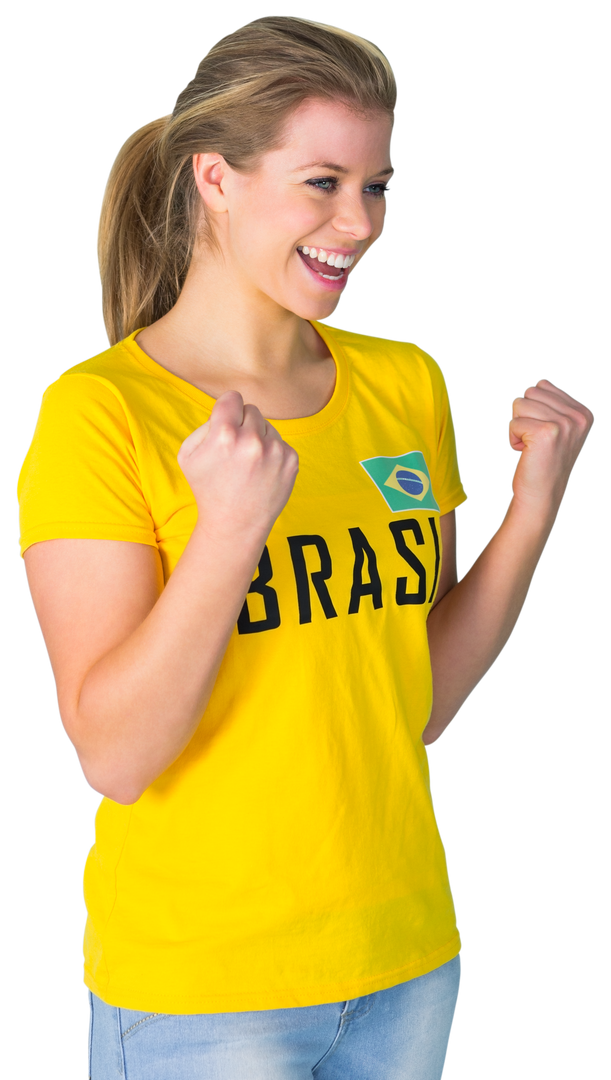 Excited young woman in transparent Brazil t-shirt celebrating sports victory - Download Free Stock Images Pikwizard.com