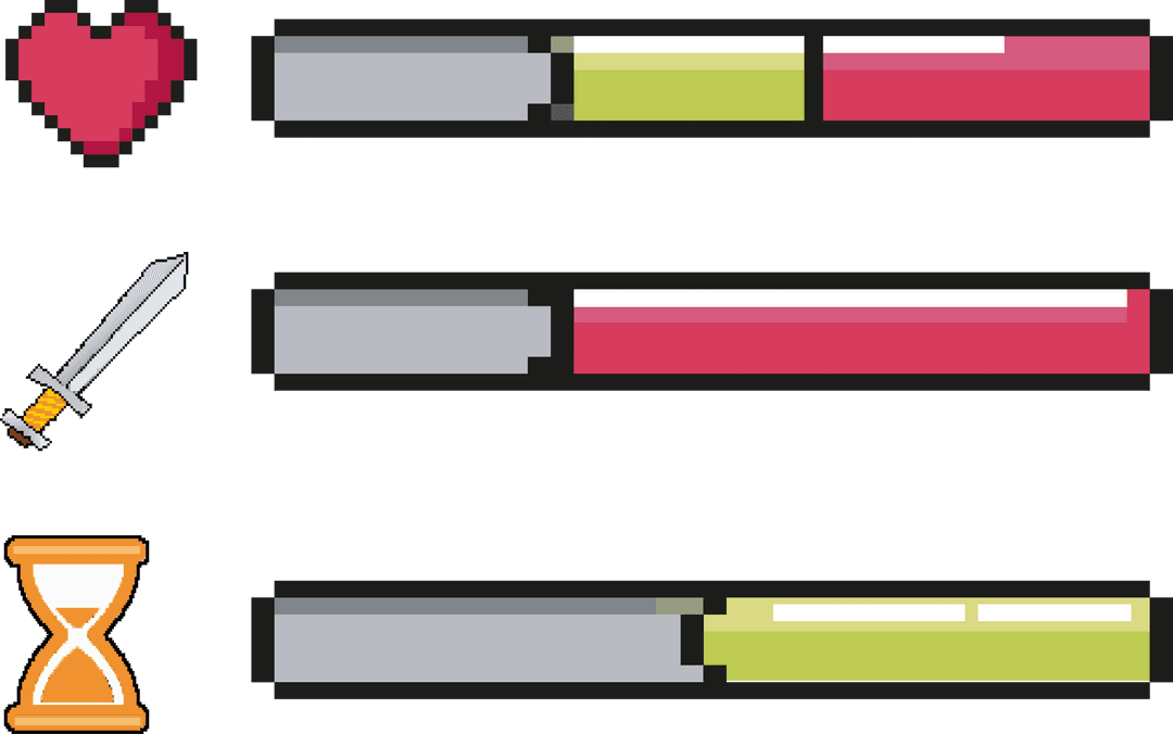 Pixel Art Game Status Bars with Heart and Sword on Transparent Background