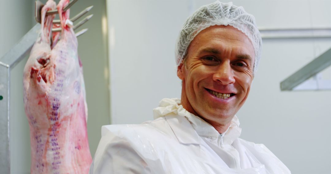 Smiling Factory Worker in Meat Processing Facility