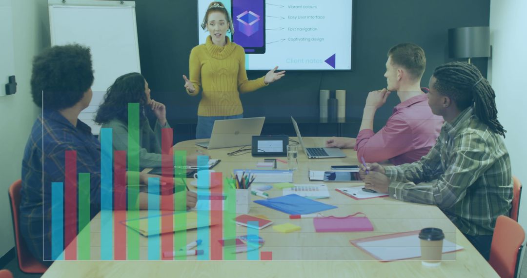 Diverse Team Collaborating on Statistical Presentation in Modern Office