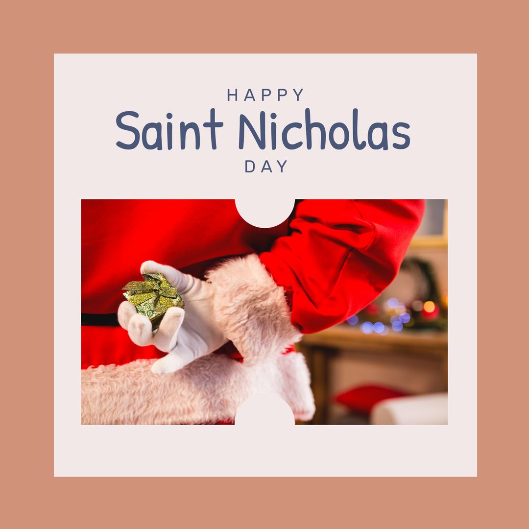 Saint Nicholas Day Celebration with Santa Holding Gift - Download Free Stock Templates Pikwizard.com