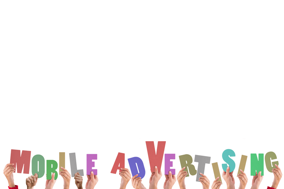 Hands Holding Mobile Advertising Text on Transparent Background