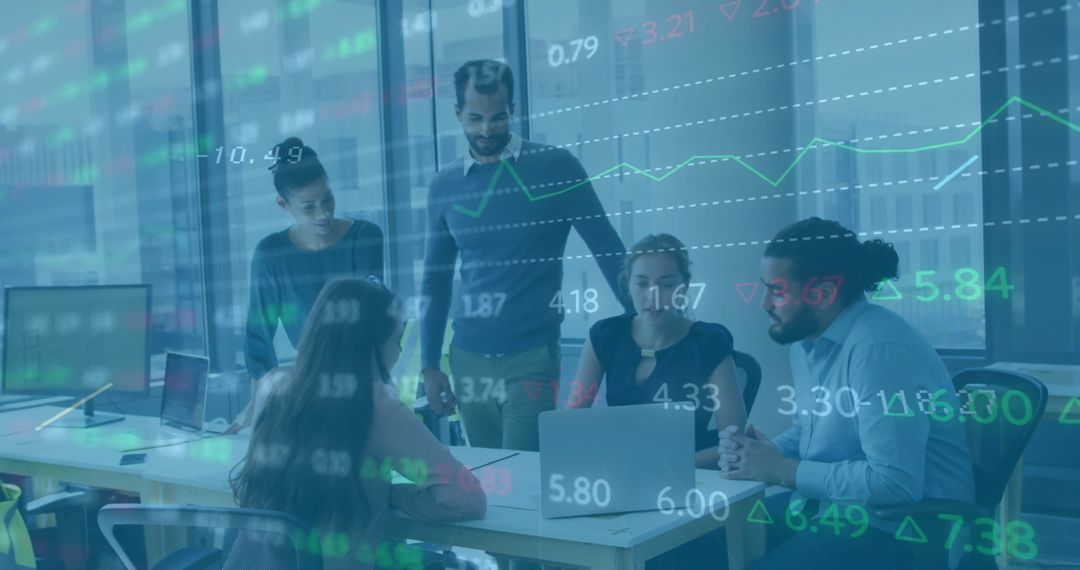 Diverse Colleagues Analyzing Financial Data Overlay in Modern Office