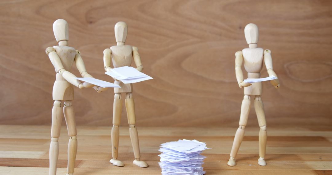 Wooden Mannequins Sorting Pile of Papers on Wooden Desk - Free Images, Stock Photos and Pictures on Pikwizard.com