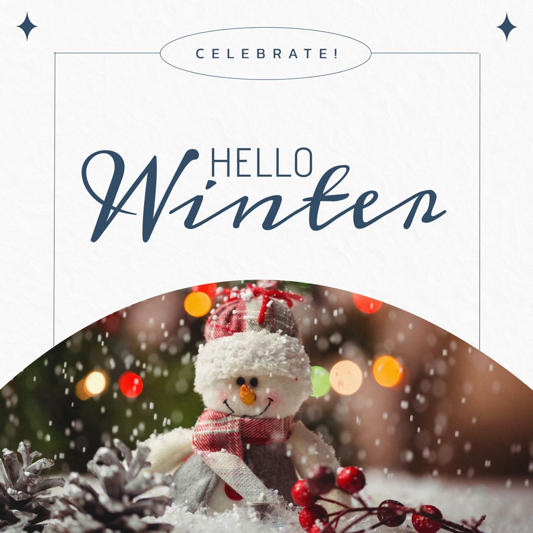 Hello Winter Greeting with Charming Snowman and Decorations