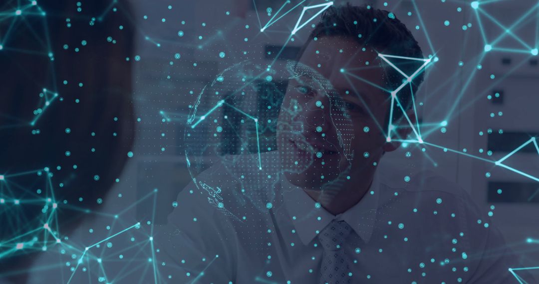 Businessman in Office Interacting with Holographic Network Globe