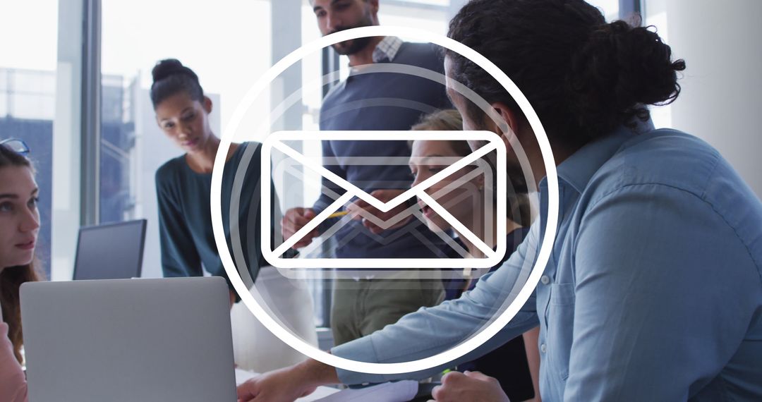 Envelope Icon Overlay with Diverse Team Collaborating in Office