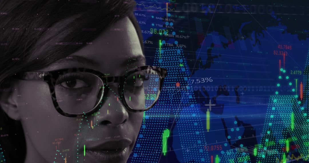 African American Woman Analyzing Global Financial Data Visualization