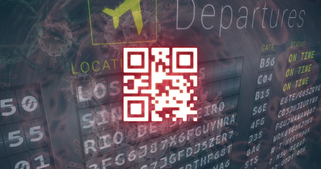 QR Code Overlay with Virus Imagery on Flight Information Board