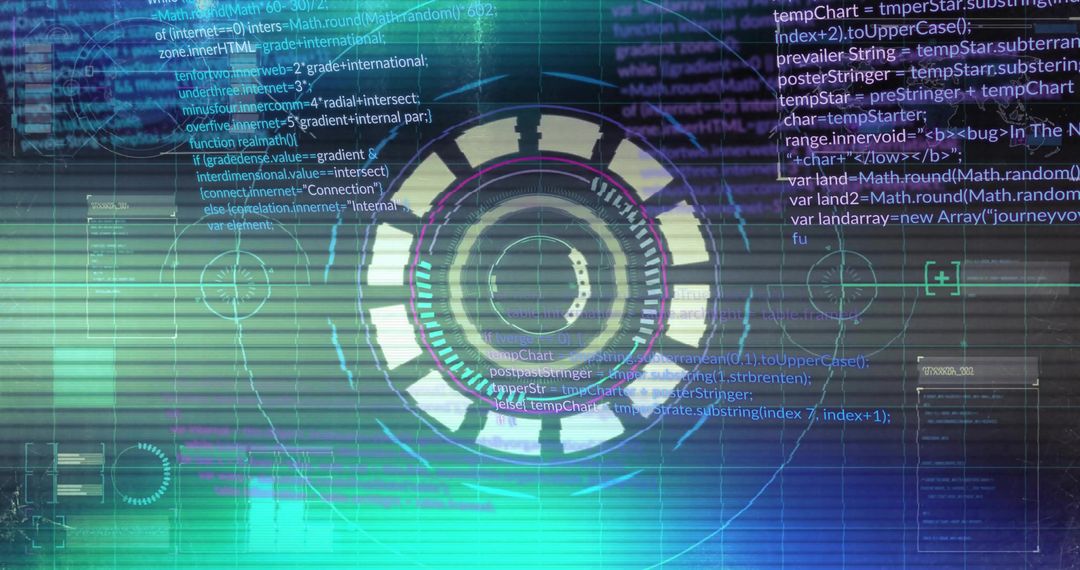 Futuristic Circular HUD with Code Overlays and Radial Lines