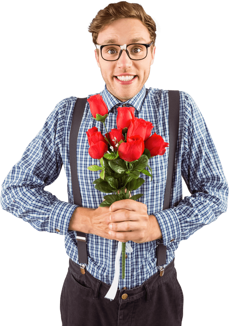 Geeky Hipster Holding Roses with Transparent Background