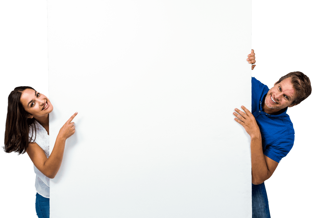 Smiling Couple Holding Blank Transparent White Board