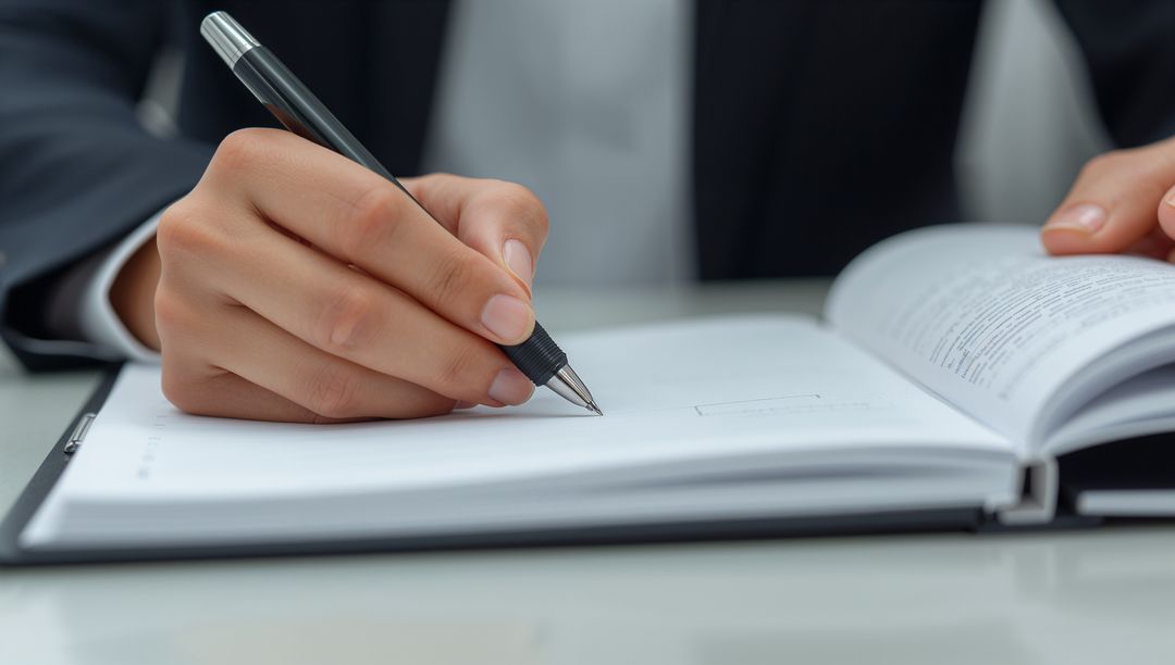 Professional Hands Writing in Notebook at Office Desk