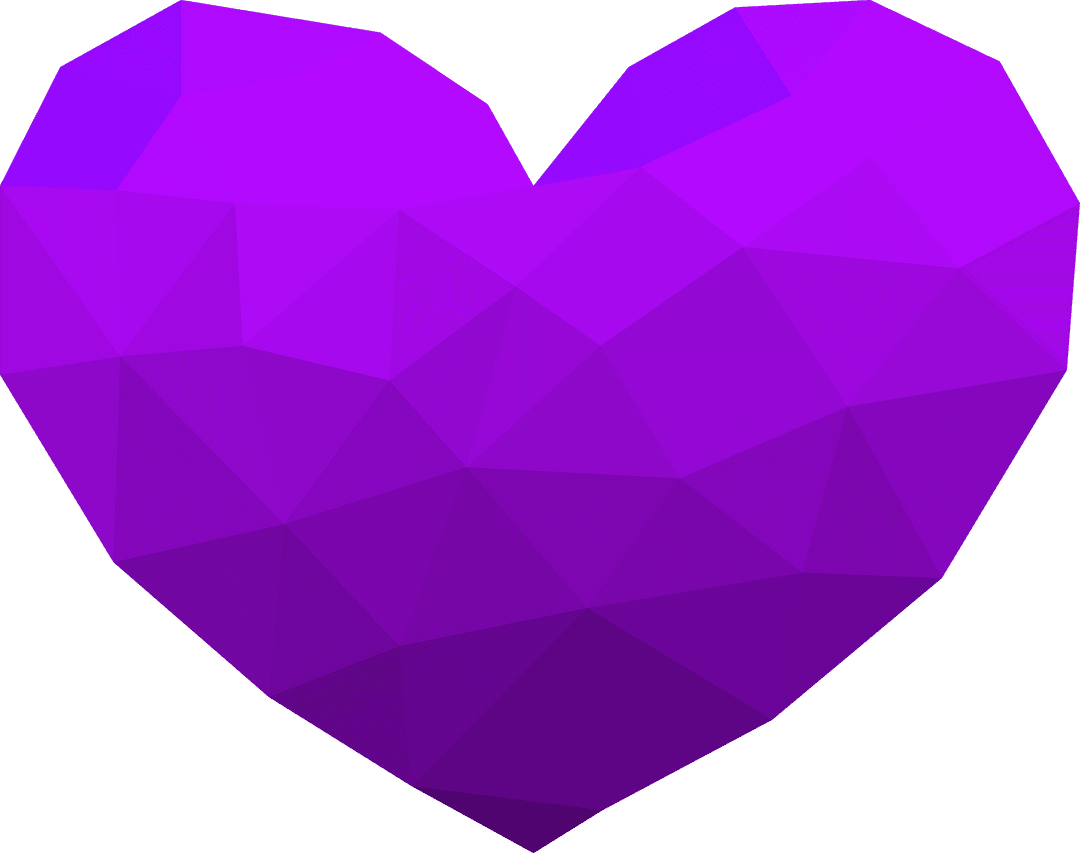 3D Geometric Purple Heart with Faceted Triangles on Transparent Background