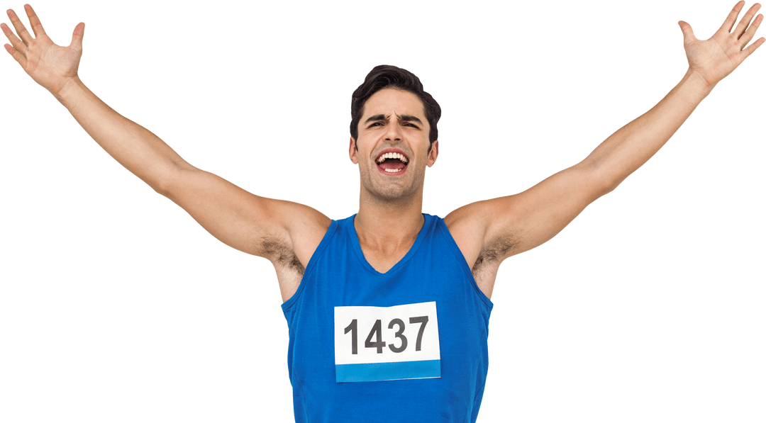 Transparent Celebrating Athlete Man in Blue Race Bib Screaming Joyfully
