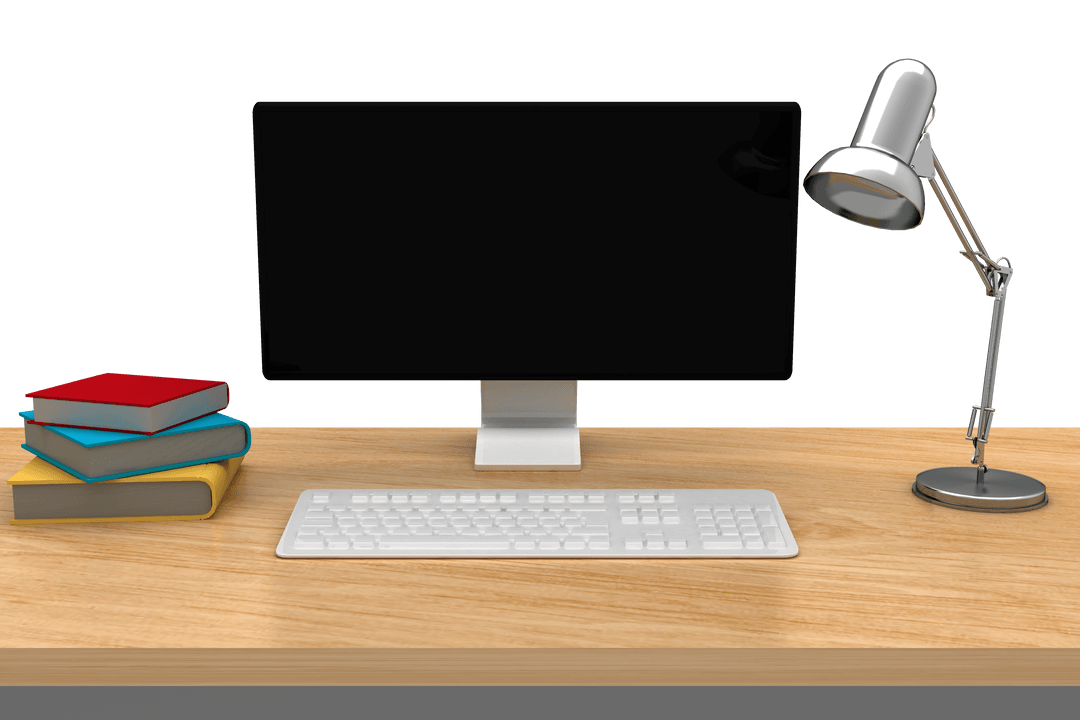 Transparent Office Setup with Computer and Lamp on Wooden Desk