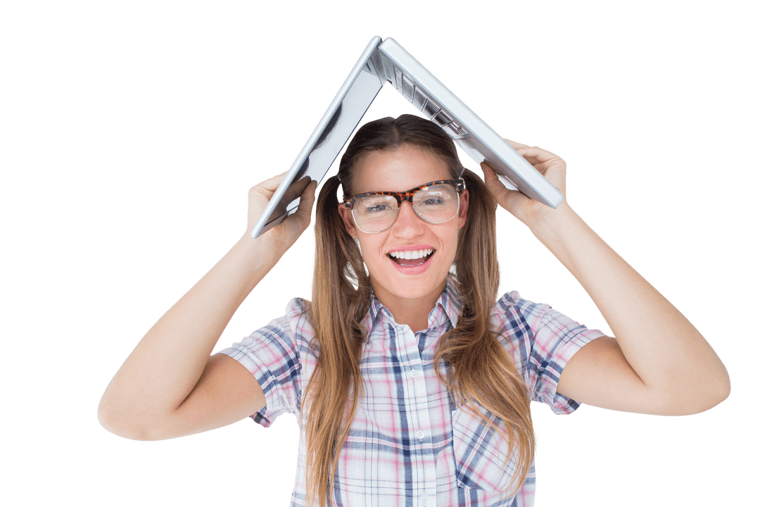 Joyful Hipster Using Laptop for Shelter on Transparent Background