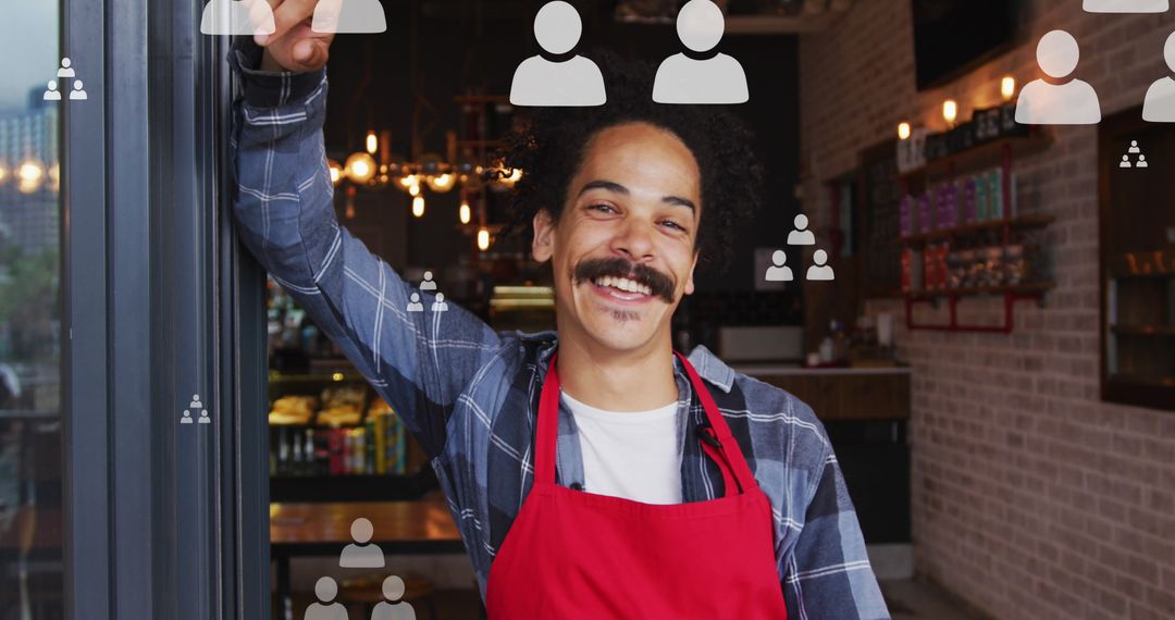 Smiling Barista With Digital Overlay at Cafe Entrance