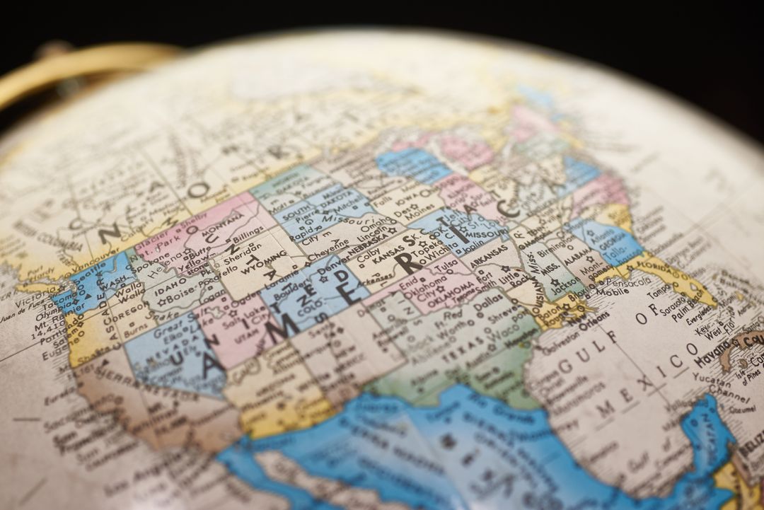 Close-up vintage globe showing United States map with state boundaries and Gulf of Mexico