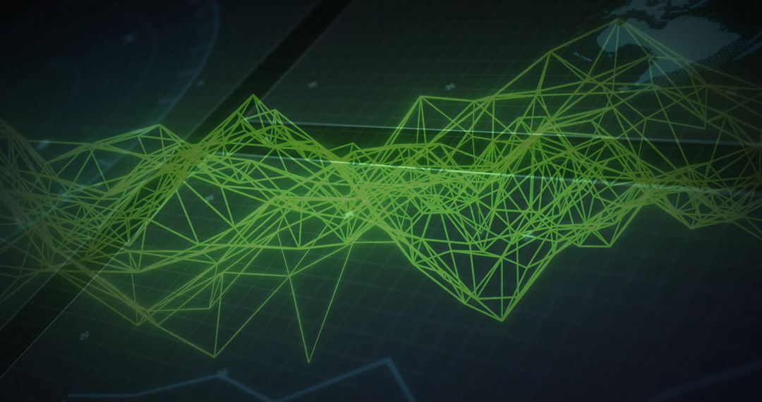 Green Wireframe Network with Global Data on Black Background