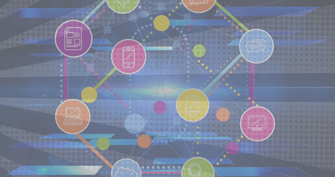 Digital Network with Technology Icons Overlaying Abstract Background