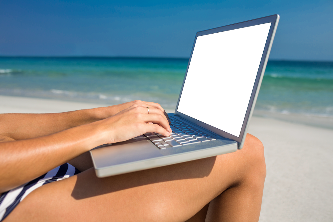 Transparent Laptop Screen and Woman Using Computer on Beach Holiday - Download Free Stock Images Pikwizard.com