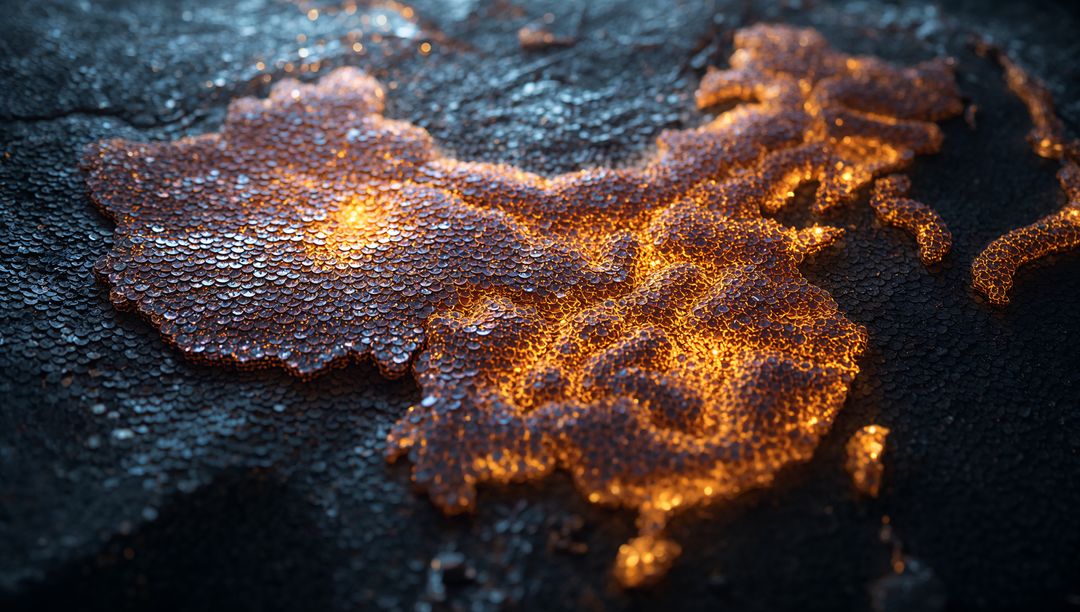 Glowing Digital Map of China in Metallic Spheres Landscape