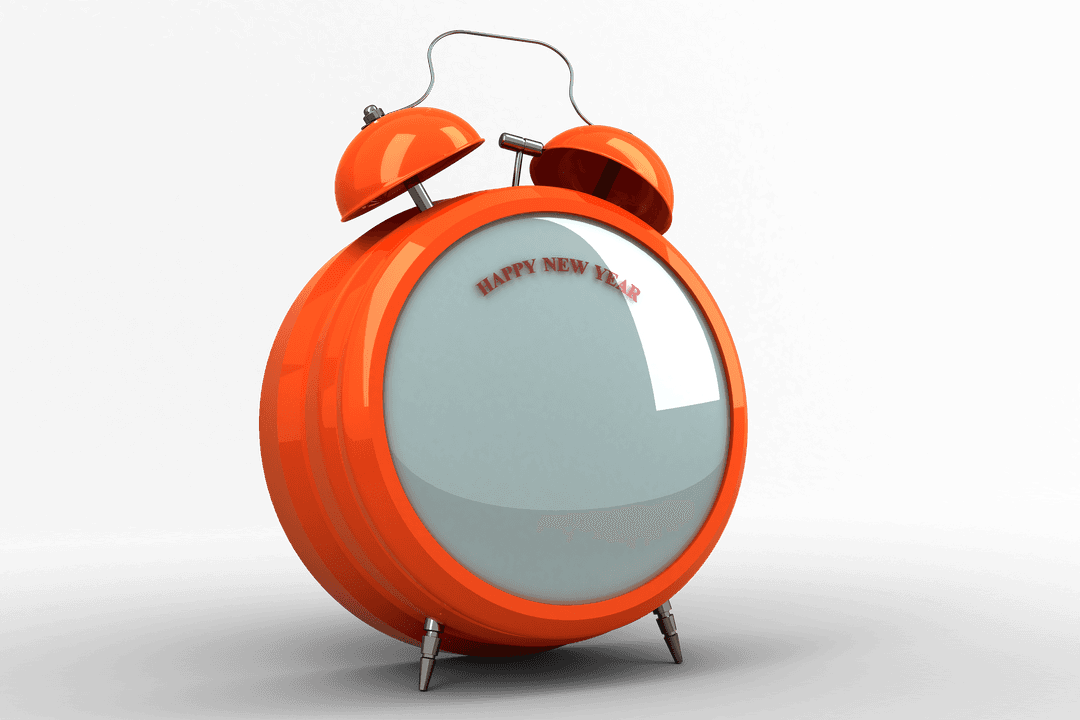 3D Orange Alarm Clock with Happy New Year Message on Transparent Background