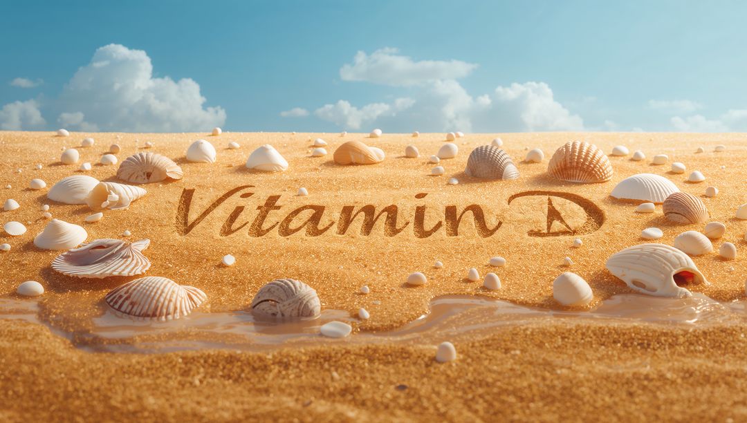 Sun-Kissed Vitamin D Script Written in Golden Sand with Seashells and Tidal Puddles