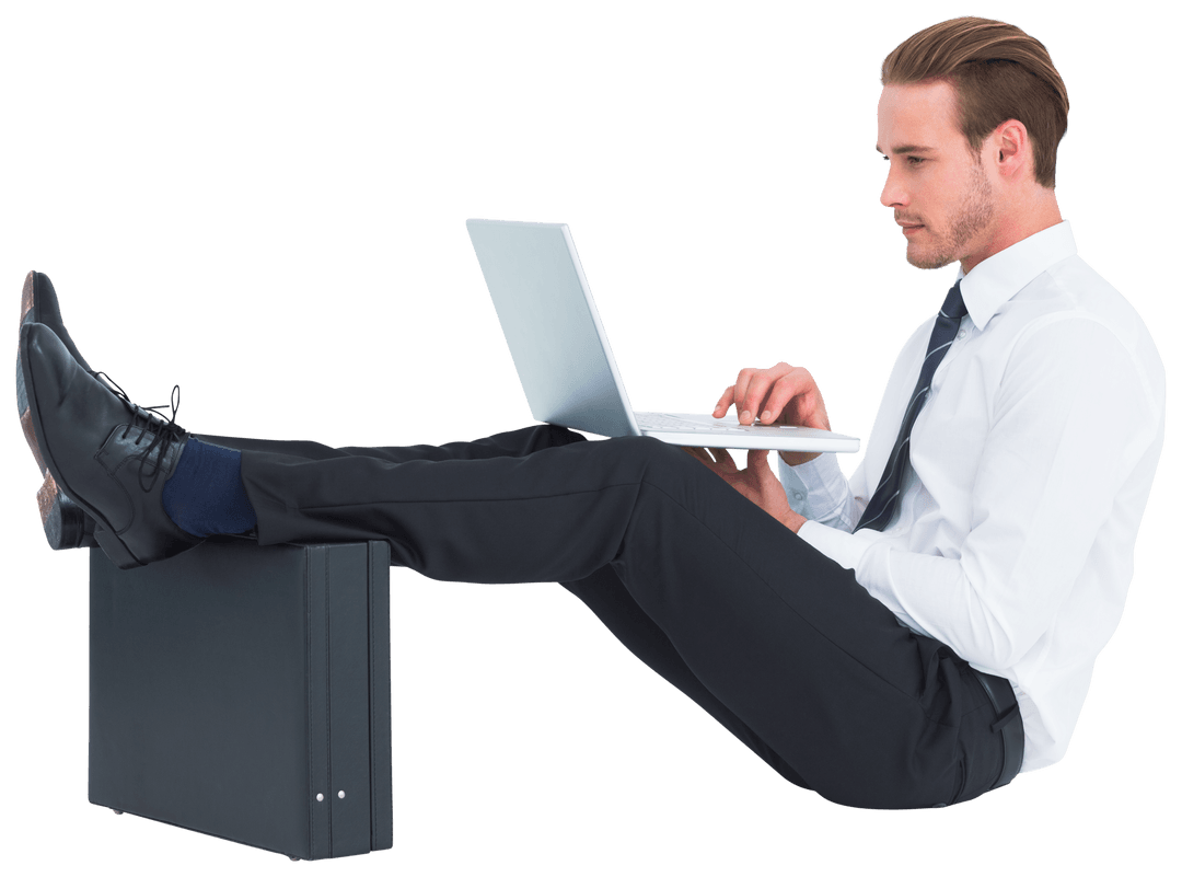 Transparent Businessman Using Laptop with Feet Up on Briefcase