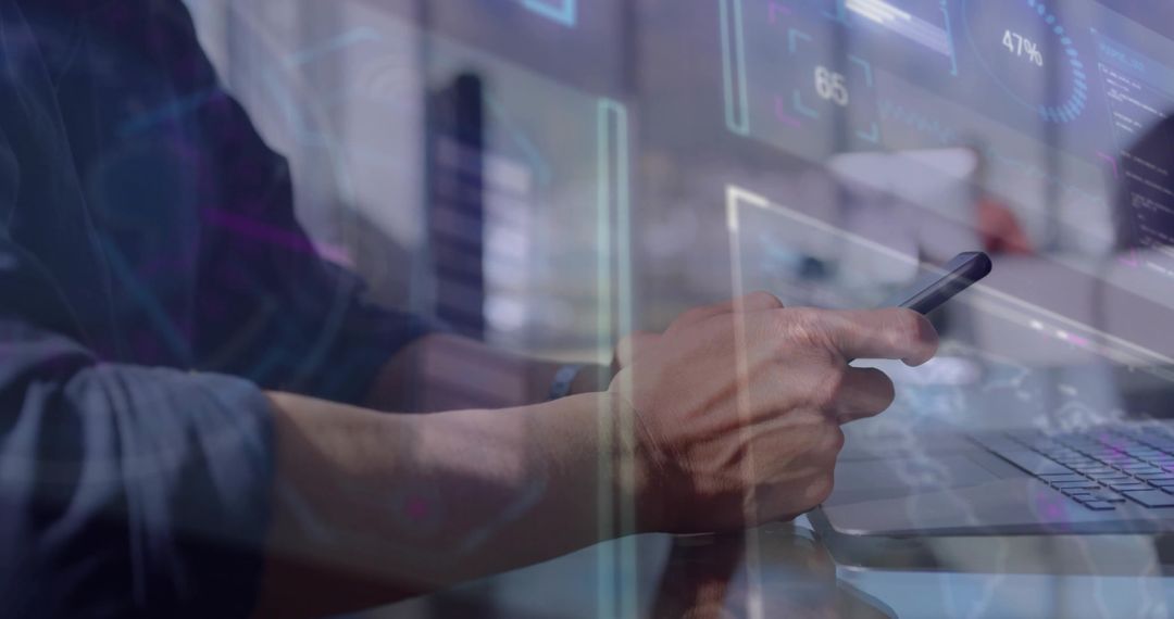 Professional Using Tech with Digital Overlays in Modern Office