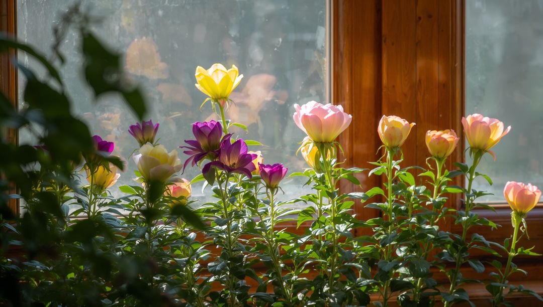 Sunlit Home Window with Blooming Potted Flowers in Serenity