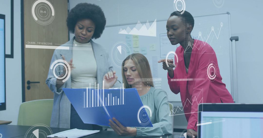 Diverse Team Analyzing Financial Data and Digital Graphs in Modern Office