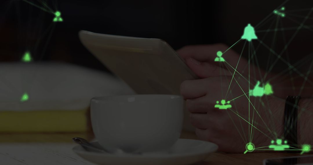 Hands Using Digital Tablet with Green Technology Connections Overlay