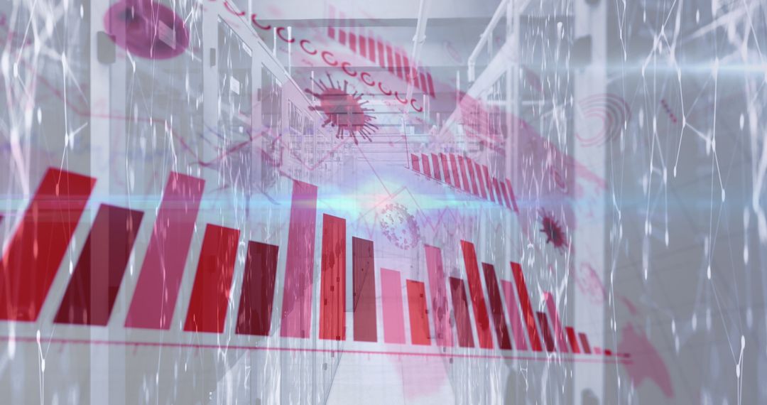 Digital Interface Overlay with Coronavirus Graphics in Server Room