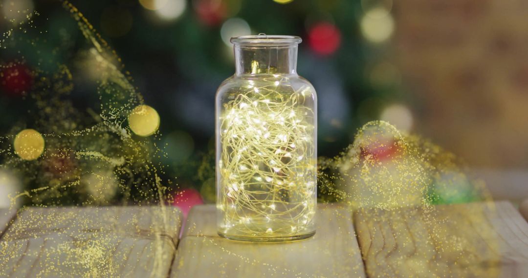 Illuminated Glass Jar with Warm Fairy Lights on Wooden Table