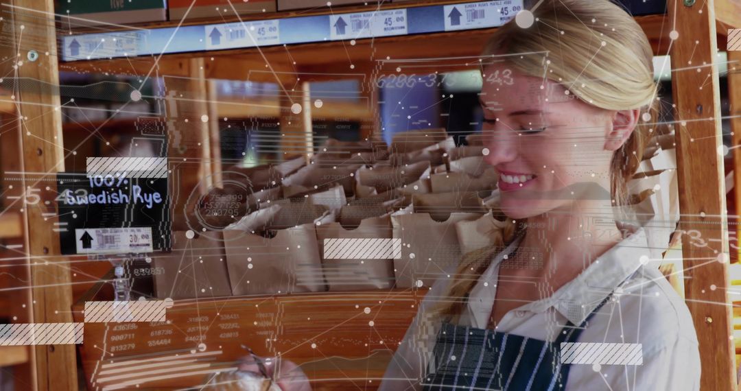 Female Baker Handling Bread with Network Graphics in Craftsman Bakery