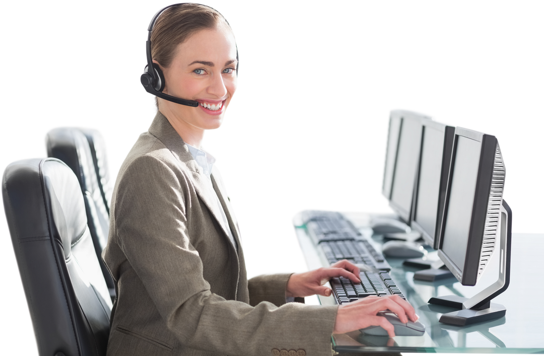 Transparent Businesswoman with Headset Working on Multiple Computers - Download Free Stock Images Pikwizard.com