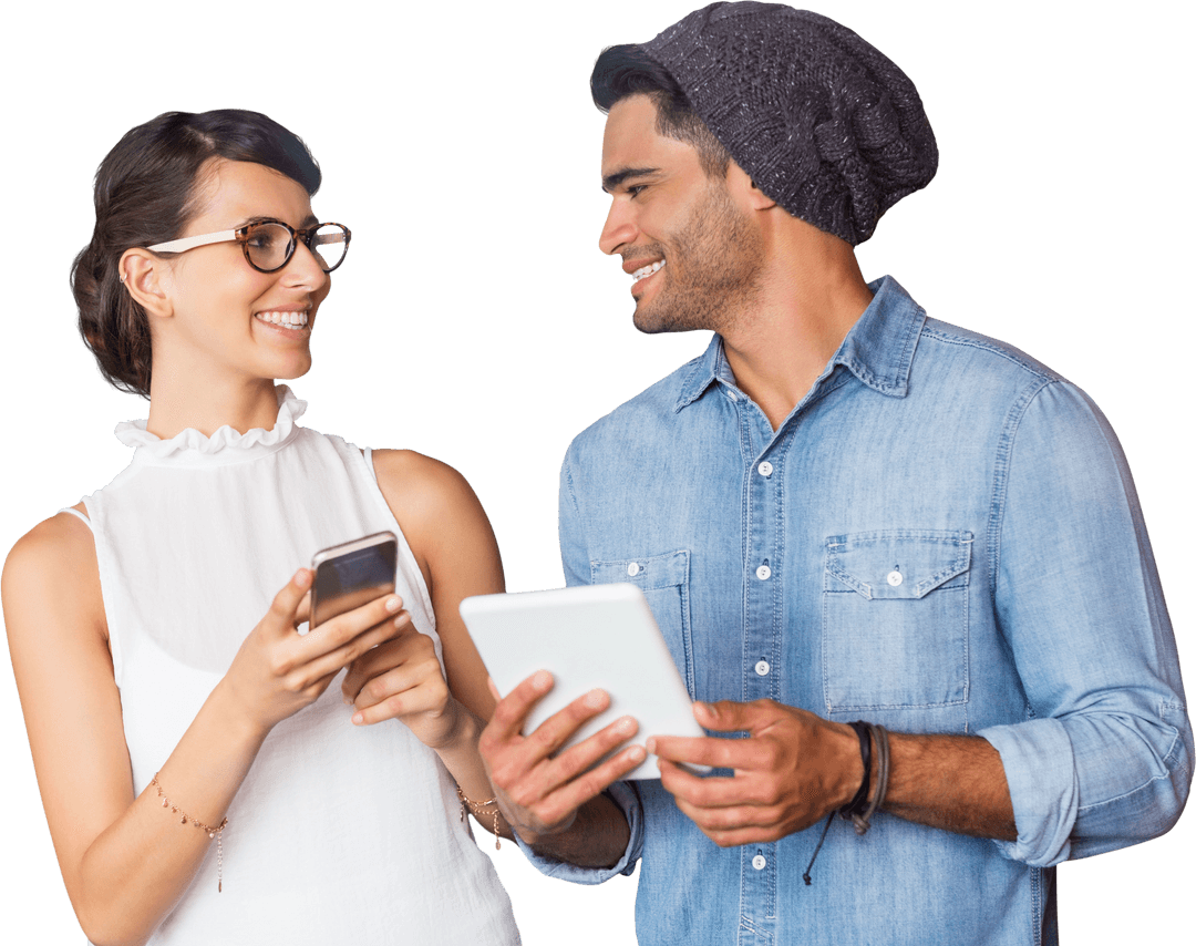 Smiling Duo with Mobile Devices Communicating on Transparent Background
