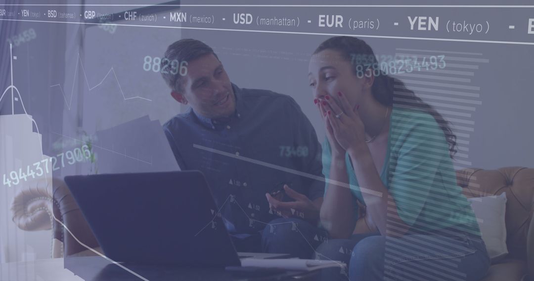 Couple Analyzing Finances with Digital Currency Data Overlay