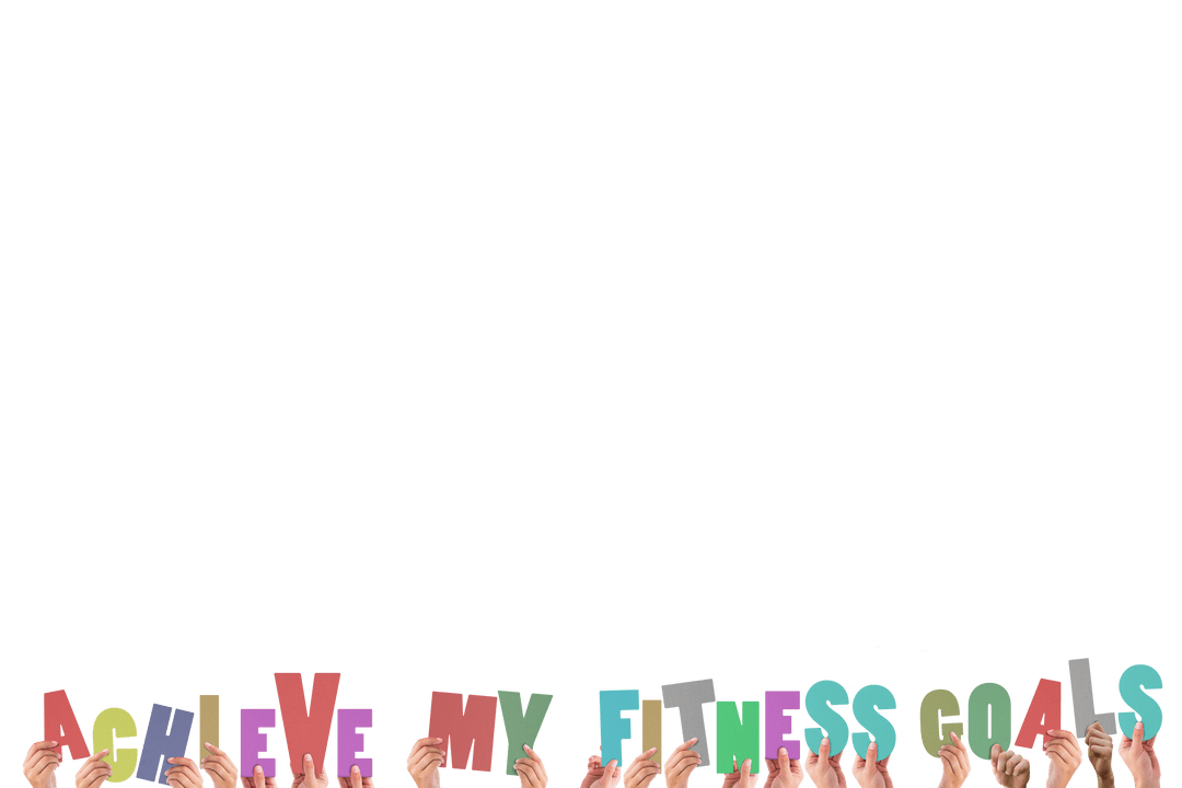 Hands Raising 'Achieve My Fitness Goals' Banner on Transparent Background