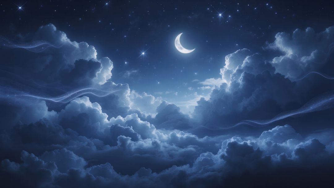 Mystical Crescent Moon Above Dreamy Night Clouds and Stars