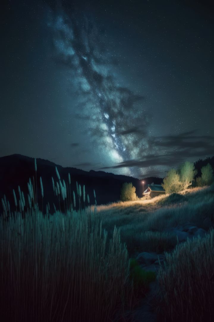 Milky Way Over Hillside with Cabin at Night - Free Images, Stock Photos and Pictures on Pikwizard.com